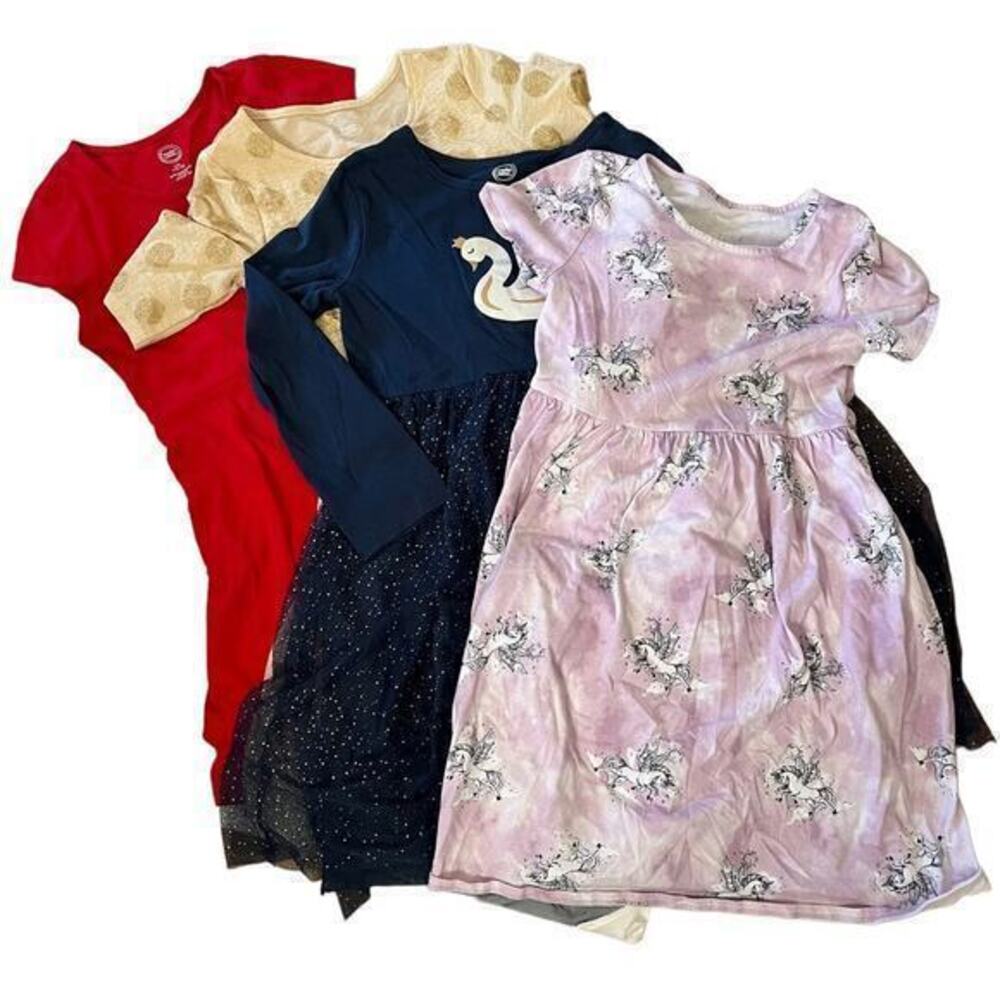 Bundle 4 Wonder Nation Girls L Dresses: Fit & Flare Long-Sleeve Short-Sleeve